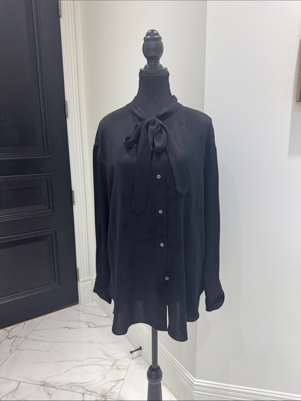Theory Silk Black Tie-Neck Button-Down Blouse